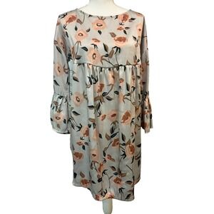 KAOS Made in Italy Baby Doll Mini Dress Gray Rose Floral 3/4 Ruffle Sleeve S/42